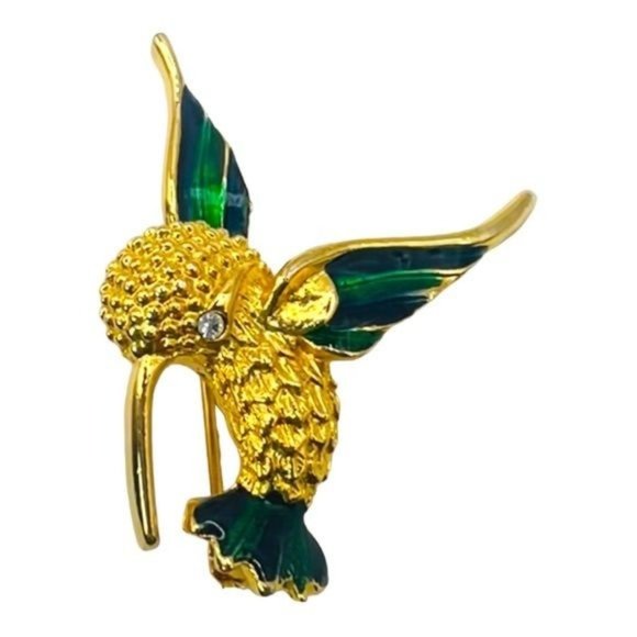 Vintage 1980s Gold Tone Hummingbird  Brooch Blue Green Enamel Rhinestone Eye - Picture 1 of 7